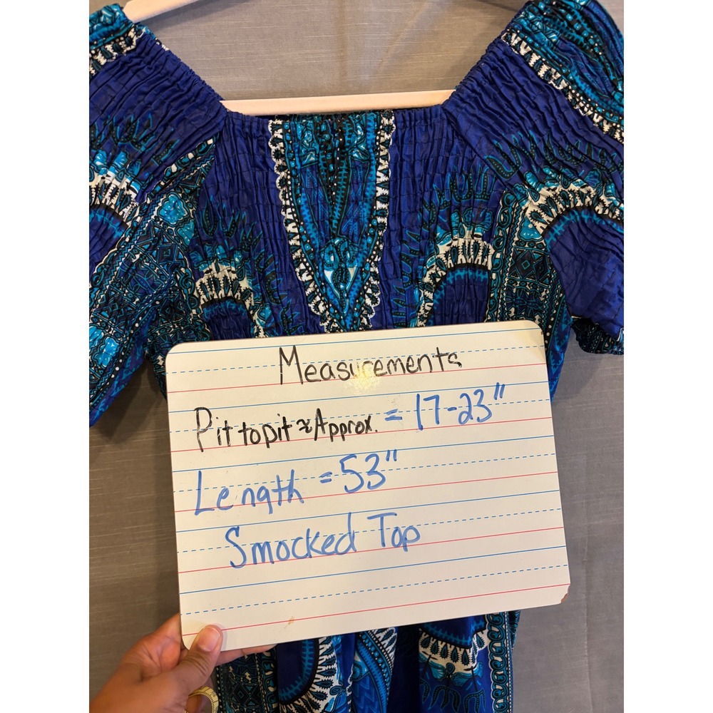 OS 191 African Stars Ghana African Print Maxi Dress Smocked Blue Ethnic Boho - Picture 6 of 8